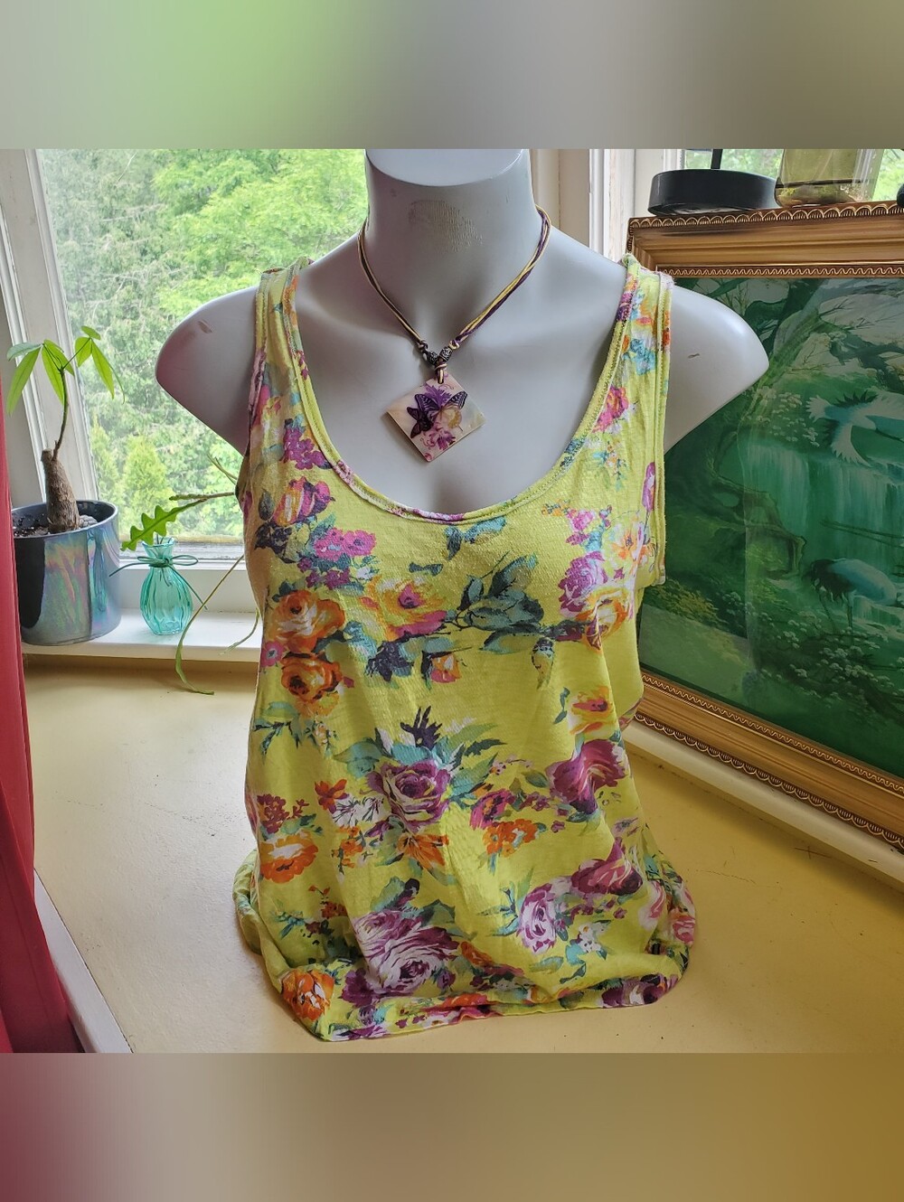 Garage Y2K Lime Floral Tank w Criss Cross Straps